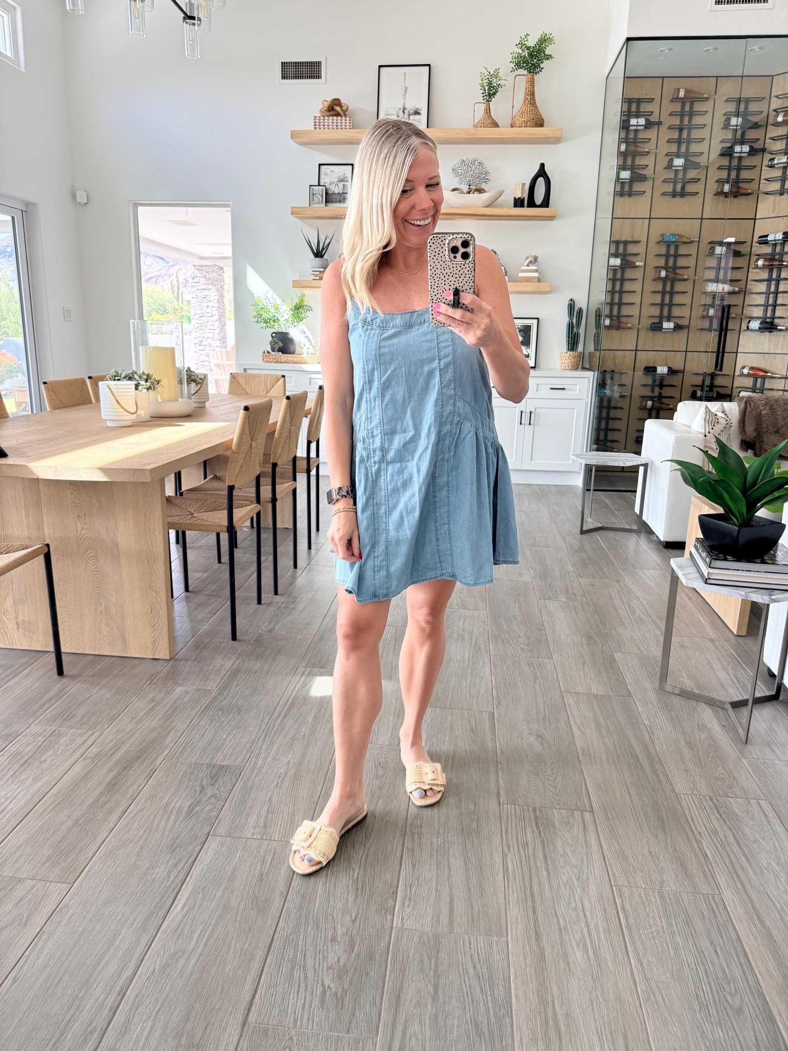 Size small denim dress and rattan sandals run true to size 

#LTKootd #LTKmomlife #LTKOver40