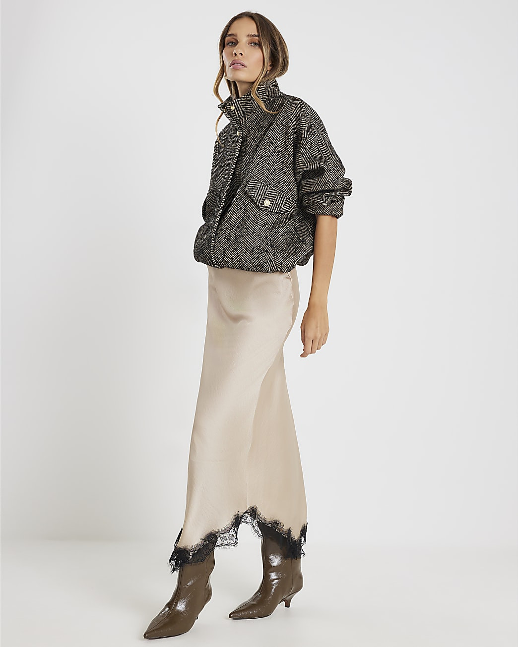 Beige Lace Trim Satin Midi Skirt | River Island UK & IE