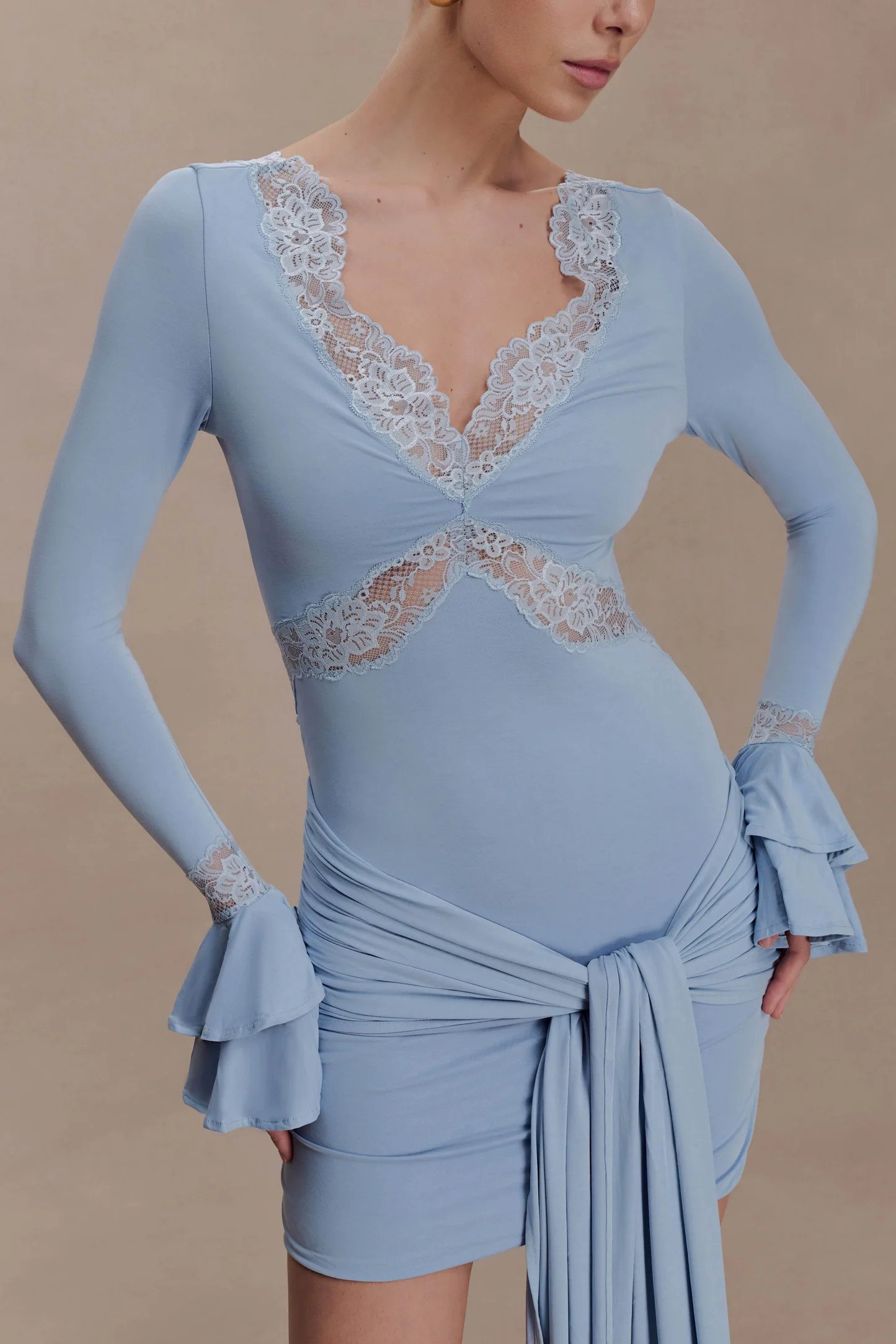 Electra Slinky Lace Mini Dress - Pale Blue | Meshki UK