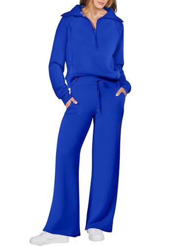 ANRABESS Women 2 Piece Outfits 2025 Fall Fashion Airport Wide Leg Pants Lounge Set Leisure Travel Vacation Clothes Sweatsuits Royal Blue XX-Large | Amazon (US)