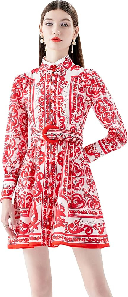 LAI MENG FIVE CATS Women's Floral Print Button up Lantern Sleeve Casual Shirt Dress A-line Mini D... | Amazon (US)