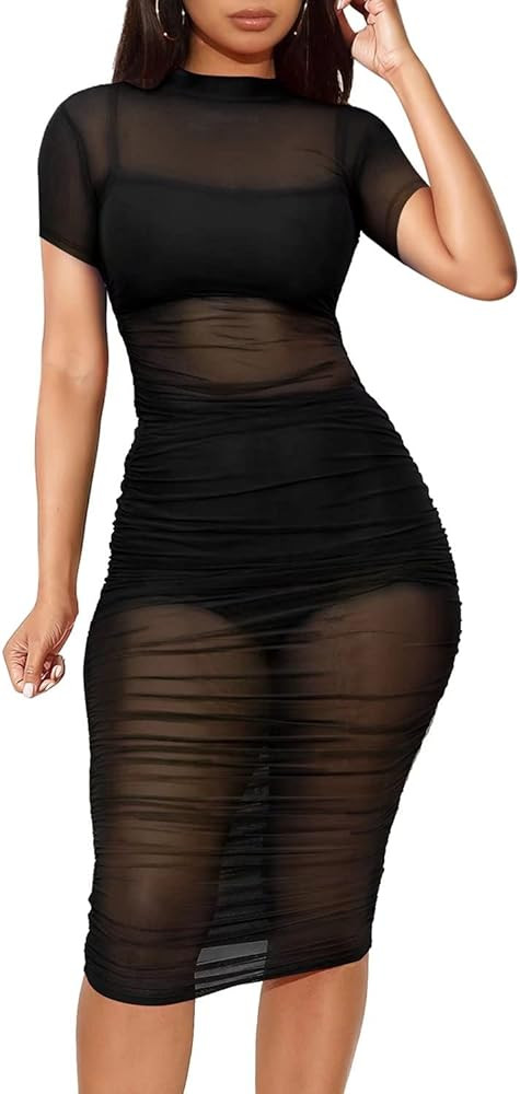 Women See Through Bodycon Dress - Sexy Three Piece Outfits Short Sleeve Mesh Sheer Bodycon Club D... | Amazon (US)