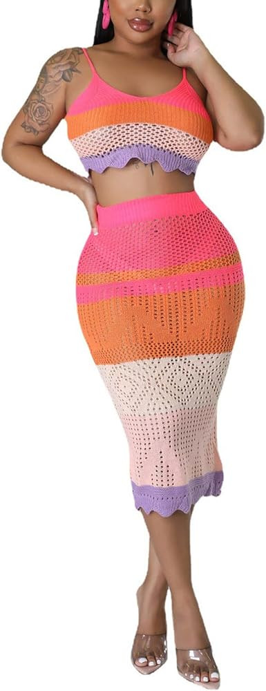 KANSOON Women's Crochet Cover Up Two Piece Outfits Knit Color Block Cami Crop Top and Beach Midi ... | Amazon (US)