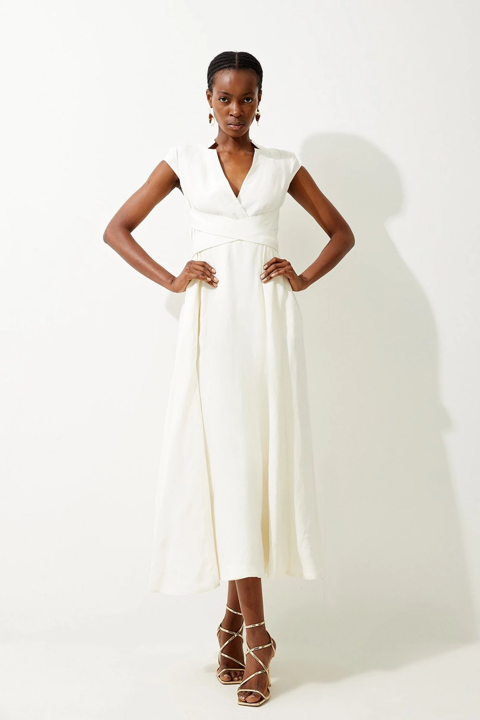 Premium Linen V Neck Wrap Detail Woven Midi Dress | Karen Millen UK + IE + DE + NL