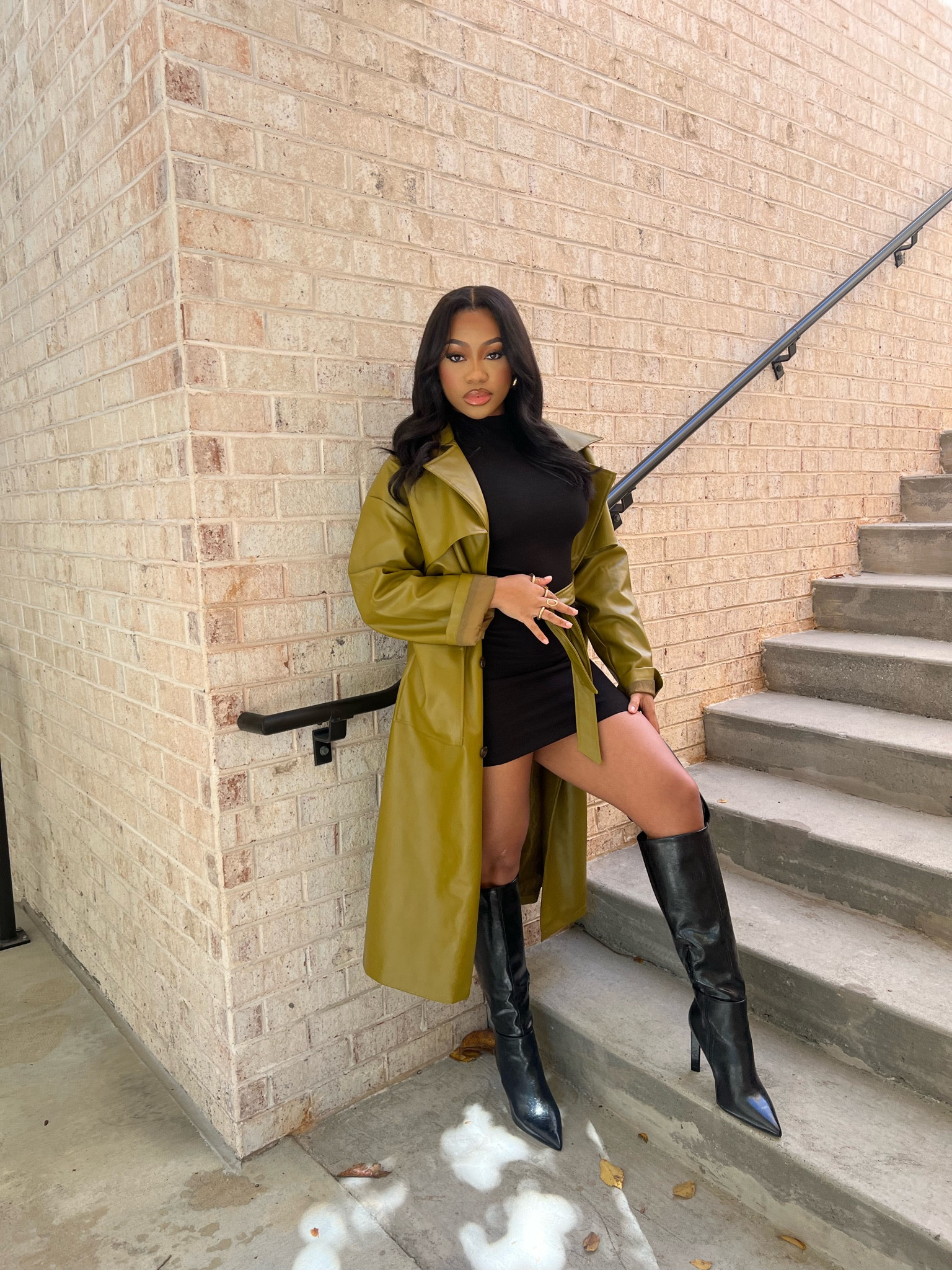 Green leather trench, green jacket , winter fashion, little black dress, black dress , long black boots, tall black boots 

#LTKHoliday #LTKSeasonal #LTKstyletip