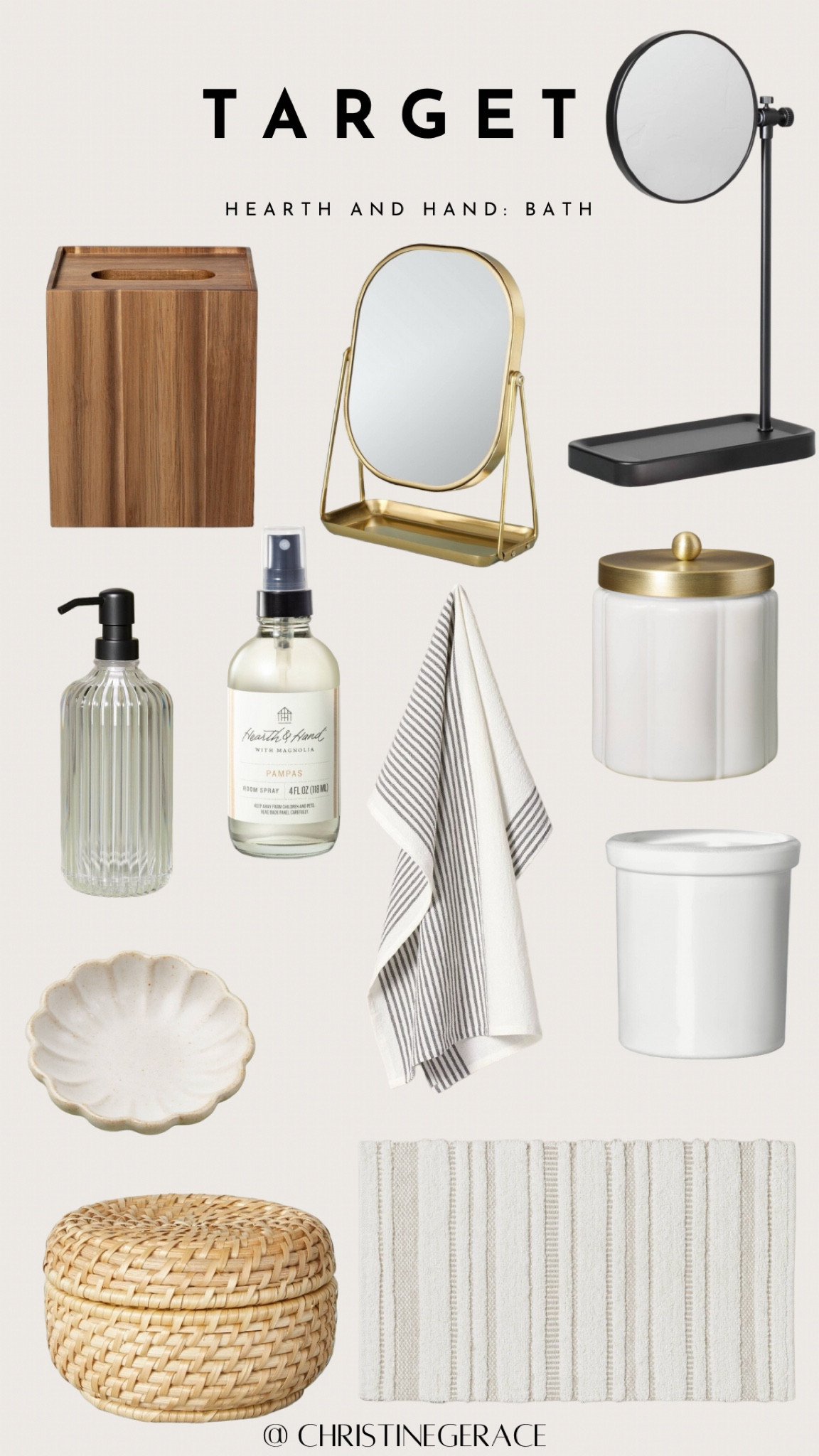 Target hearth and hand trending bathroom items 

Bathroom mirror, candle, tissue box, soap dispenser, hand towel, bathroom rug, bathroom trinket dish, jar, room spray 

#target #hearthandhand #christinegerace

#LTKHome #LTKStyleTip #LTKFindsUnder50