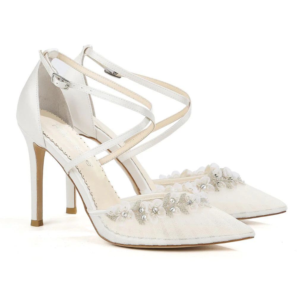 Pleated Tulle Crisscross Strap Heels with Crystals and Beads Floral Trim | Bella Belle Shoes