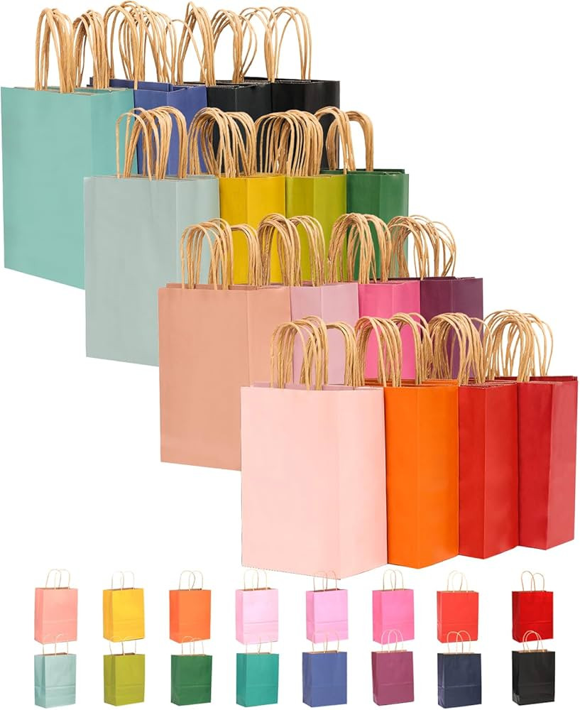 qiqee Small Size Paper Gift Bags With Handles 8.3"x6"x3.15" 16 Solid Colors Party Favor Bags（16... | Amazon (US)