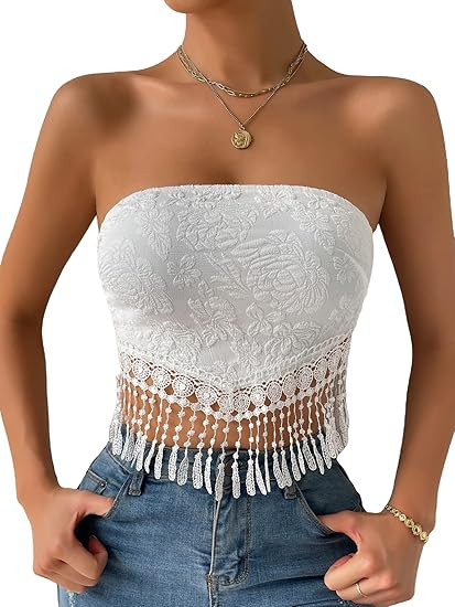 MakeMeChic Women's Boho Floral Jacquard Lace Trim Tie Back Tassel Crop Tube Top | Amazon (US)