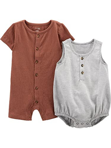 Simple Joys by Carter's Baby Boys' Button Romper, Pack of 2, Brown/Grey Stripe, 24 Months | Amazon (US)