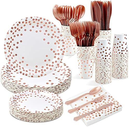 White and Rose Gold Party Supplies - 350 PCS Disposable Dinnerware Set - White Paper Plates Napki... | Amazon (US)