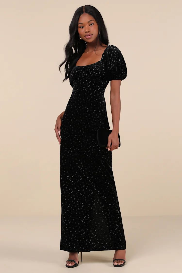 Expert Charm Black Ditsy Floral Velvet Puff Sleeve Maxi Dress | Lulus