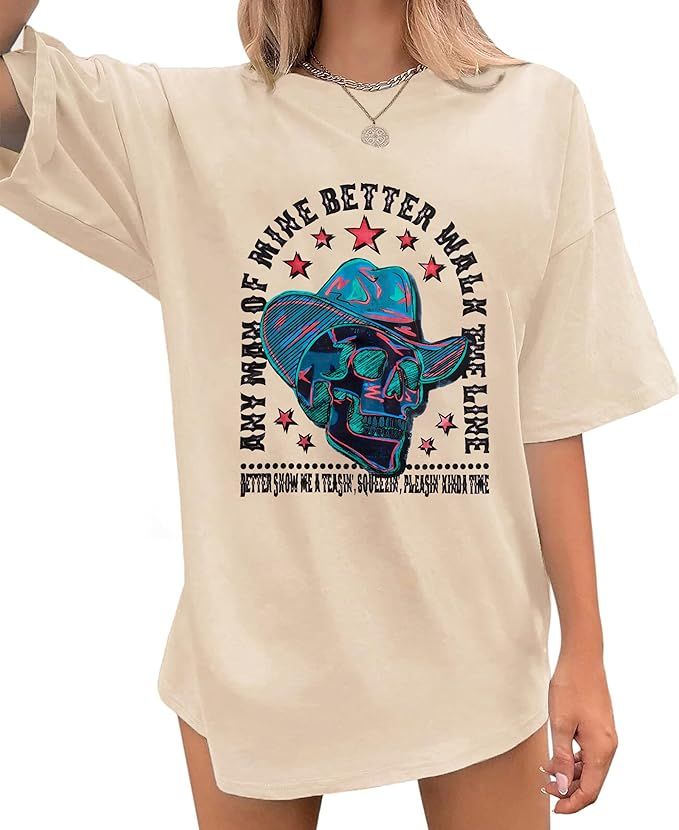 Country Music Shirt Women Western Skull Hat T-Shirt 90s Western Music Tee Casual Oversized Short ... | Amazon (US)