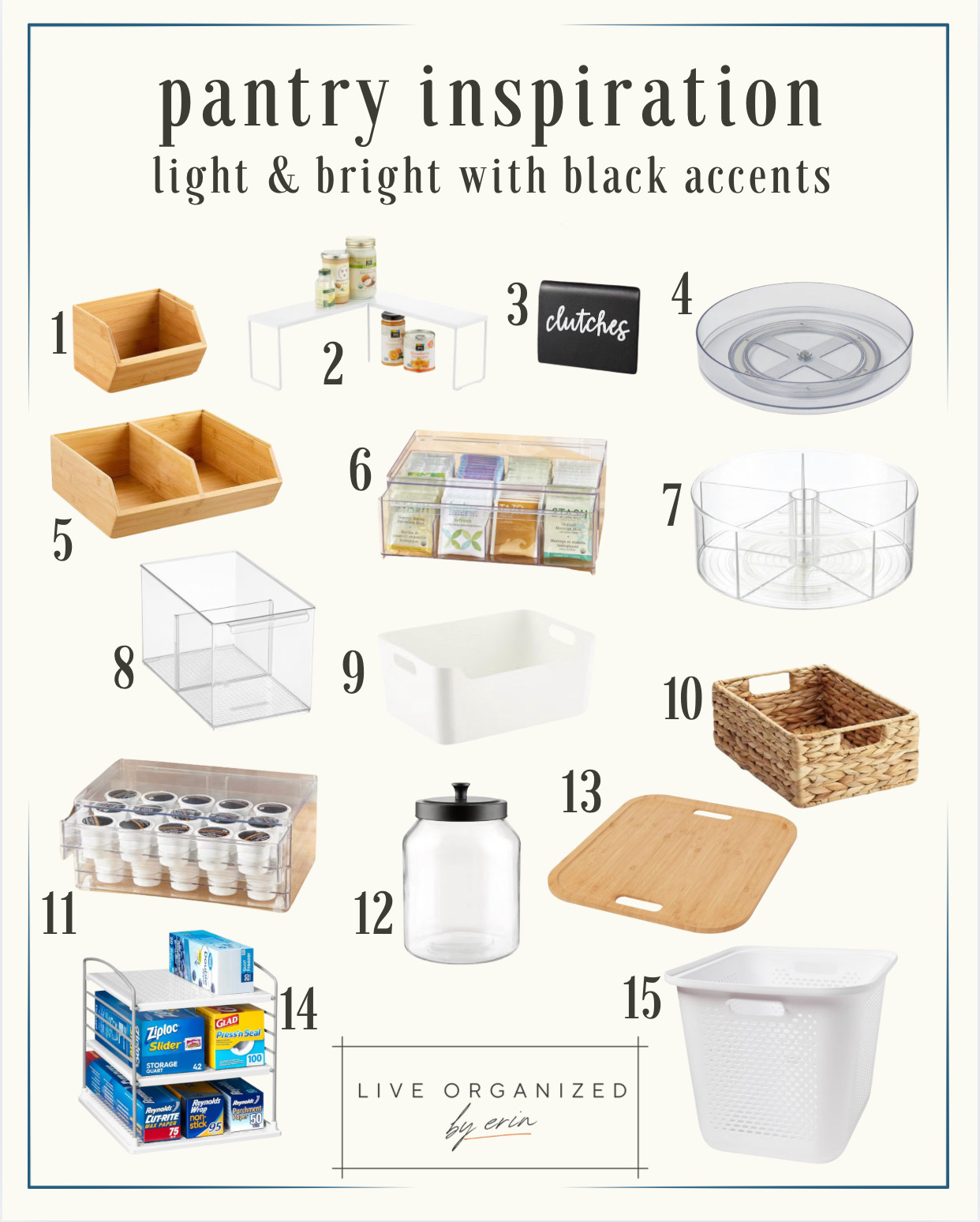 Looking for some pantry inspiration?  These are all of the products I plan on using in an upcoming project.  The client requested a light and bright pantry with black accents.... and I think this is perfection.

I like to break up light and bright spaces with bamboo and some texture, otherwise the space can end up feeling cold.

Keep reading for all of the details on how to use these products.

1. this small stacking bamboo tray will sit on top of #5 for small snacks

2. we are working with some awkward corners in this space, so this corner shelf will help organize boxes and canisters of tea

3. these magnetic labels are also available in white.  these are my go to labels because they are a great size and can also tie to a bin or basket

4. turntables are a necessity for pantry corners to take advantage of space and keep everything visible

5. these trays are available divided, or without the divider.  if you choose to go without the divider then you cannot stack #1 on top

6. a tea bag drawer that stacks!  finally, a solution for shelves and cabinets

7. a divided turntable for small snacks or in this space, medicine and first aid

8. LOVE these acrylic divided bins. the divider is removable and they come in different depths and widths to fit your space

9. a cost effective choice for any space.  these come in an array of colors and sizes

10. this basket will bring texture and warmth to the space while also hiding candy on an upper shelf.  these are available in different sizes

11. a stacking drawer coffee pod solution!

12. black sided glass jar for a couple of staples my client wants to decant.  comes in different sizes for flour, sugar, and other baking necessities

13. this is the bamboo lid option for #15

14. if you need to store kitchen wraps and plastic bags on a shelf or in a cabinet, this is the perfect solution to keep them vertical to save space

15. plastic so pets cannot paw at them, come in different colors, sizes and have different lids. The perfect floor basket

pantry
organization
organize
inspirationn
 

 

#LTKHome #LTKFindsUnder100 #LTKFindsUnder50