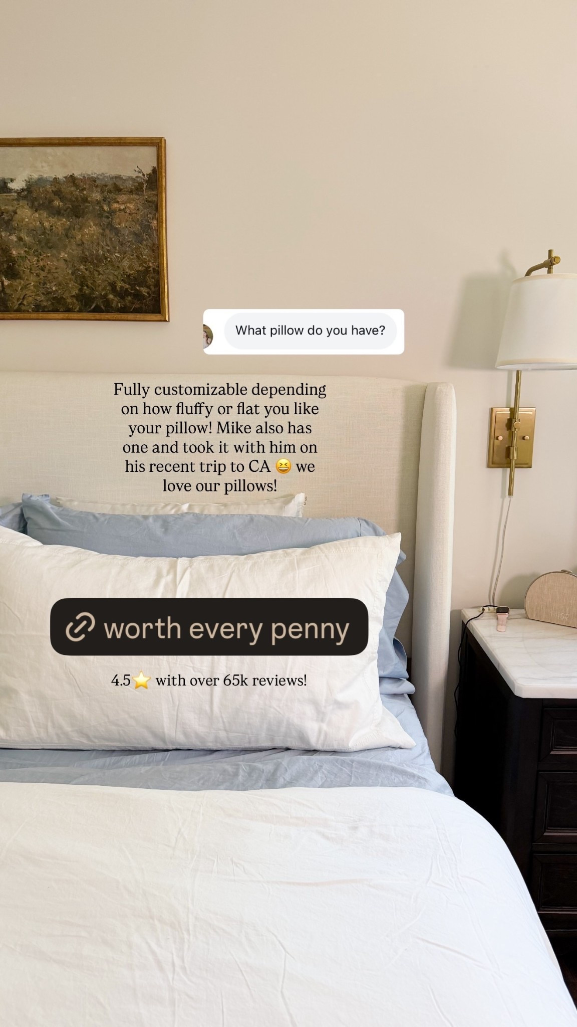 Fully customizable depending on how fluffy or flat you like your pillow! Mike also has one and took it with him on his recent trip to CA 😆 we love our pillows! 4.5⭐️ with over 65k reviews!