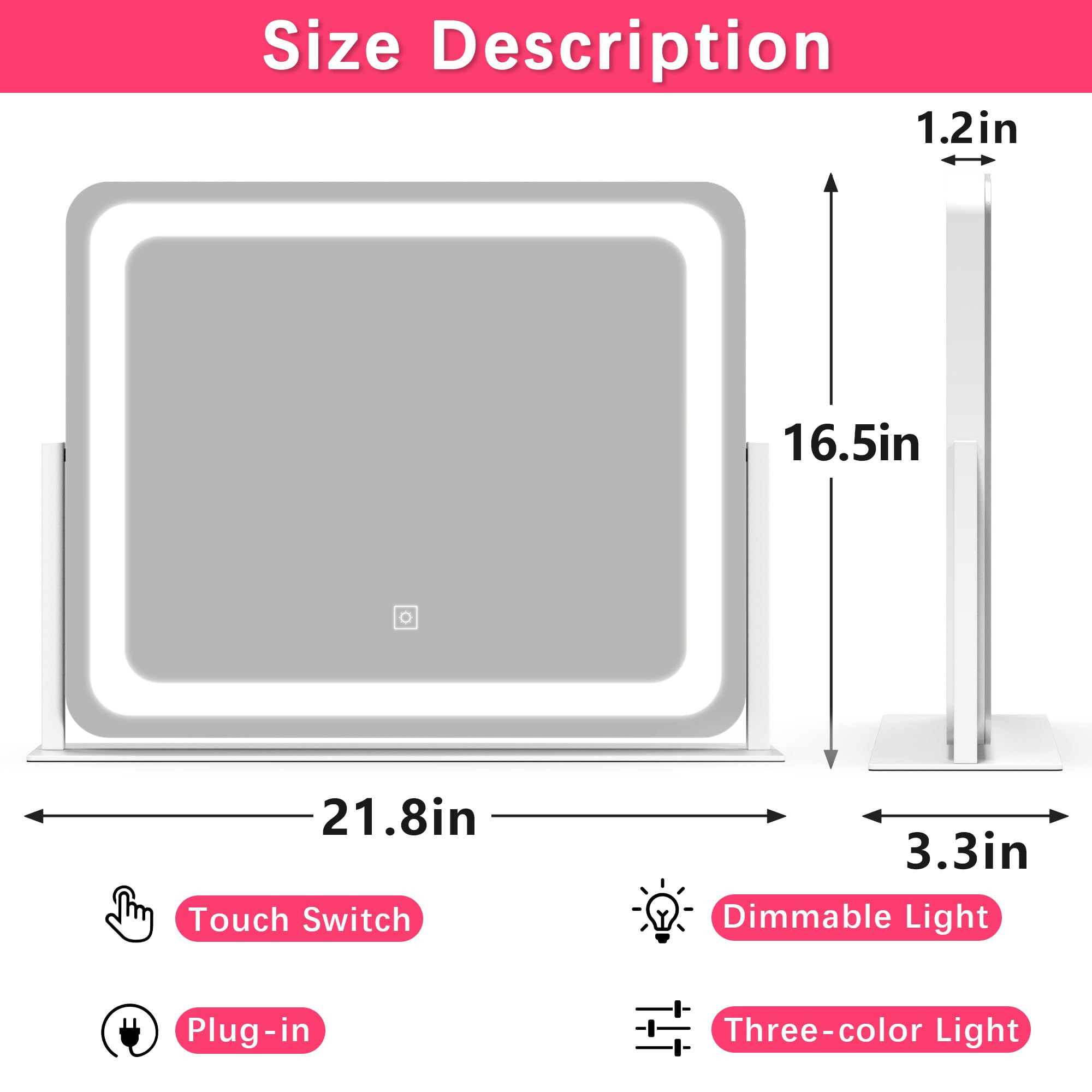 ROLOVE 22x17 Inch Lighted Vanity Mirror with Dimmable LED Lights - 3 Color Modes, Smart Touch Con... | Amazon (US)