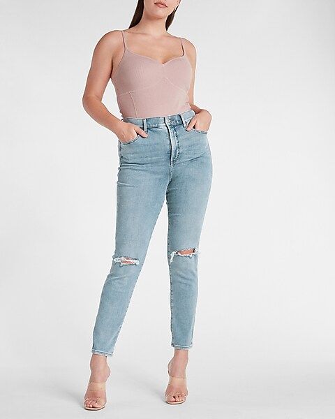 Super High Waisted Supersoft Knit Ripped Slim Jeans | Express