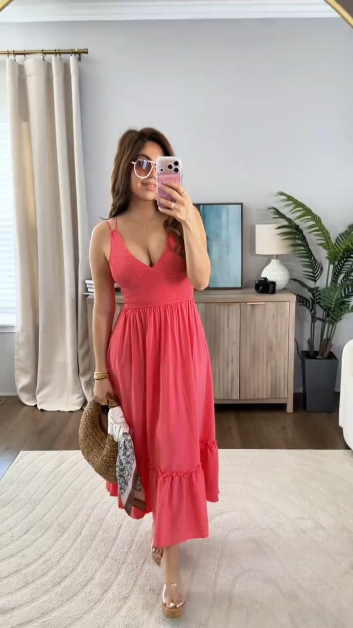 Coral pink, smocked bodice, flowy ruffle hem. Summer in a dress! Beach, brunch, vacation, yes to all of it 🌸 

 #LTKootd #LTKSeasonal #LTKTravel