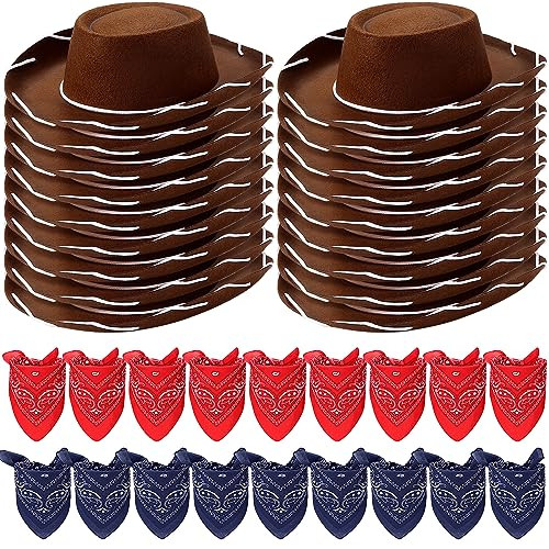 Unittype 36 Pcs Cowboy Hats and Bandanas Bulk Kids Western Cowboy Costume Accessories Kids Party Supplies (Dark Brown, Red and Navy) | Amazon (US)