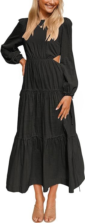 ANRABESS Women's Puff Long Sleeve Crewneck Cutout Waist Tiered Flowy A-Line Maxi Long Dress with ... | Amazon (US)