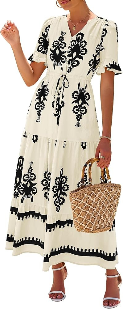 Lazysmile Summer Dresses for Women Short Sleeve V Neck Floral Drawstring Flowy A Line Boho Maxi D... | Amazon (US)