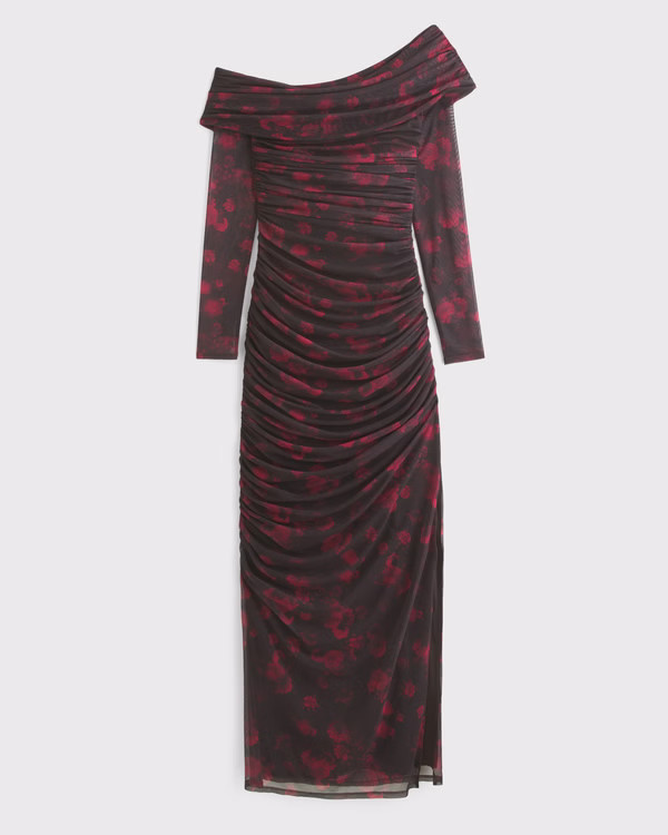 Long-Sleeve Mesh Asymmetrical Draped Maxi Dress | Abercrombie & Fitch (US)