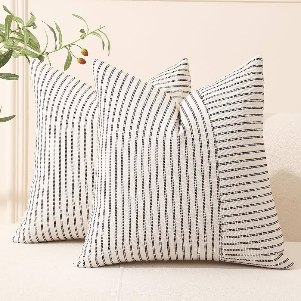 Hckot Black and Beige Patchwork Farmhouse Throw Pillow Covers 20 x 20 Inch, Pack of 2 Striped Lin... | Amazon (US)