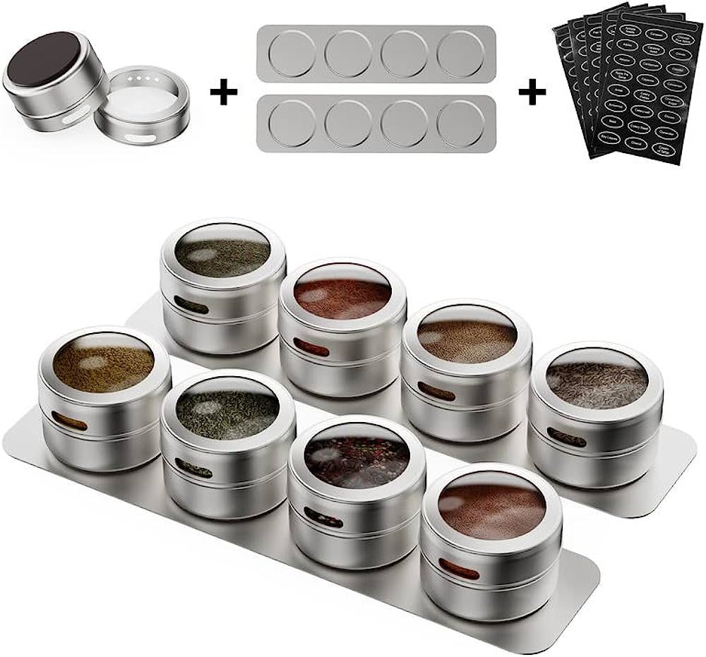 Vetacsion Set of 8 Magnetic Spice Tins with 2 Metal Wall-Plates,100 Preprinted Seasoning Label St... | Amazon (US)