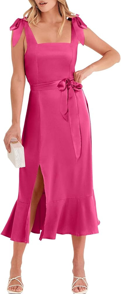 ANRABESS Women's Satin Formal Dress Square Neck Ruffle Split Midi Bridesmaid Dress for Wedding Gu... | Amazon (US)
