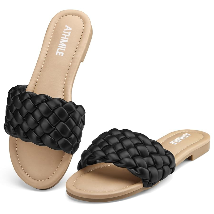 ATHMILE Braided Womens Sandals Round Open Toe Fashion Slide Sandals Women Dressy Summer Flat Beac... | Amazon (US)
