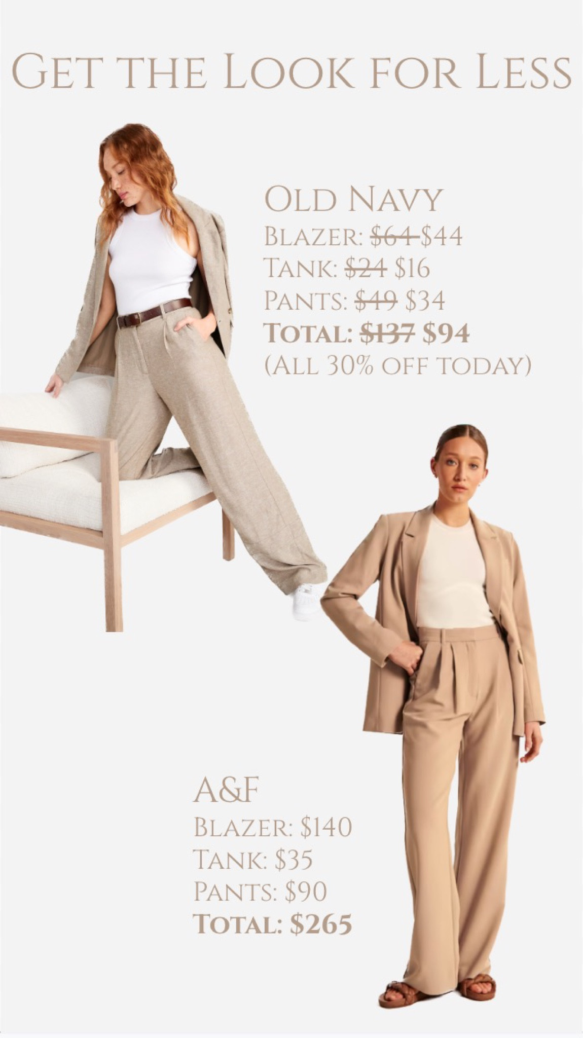 Get the Look for less! The Old Navy look is under $100 today including the blazer, tank bodysuit, and trousers. Sizes range from XS-4X. The Abercrombie and Fitch option is $265 including the blazer, tank, and Sloane pants. Each piece in both looks comes in multiple colors!

trousers, tailored trousers, tailored pants, slacks, wide leg slacks, abercrombie dupe, abercrombie and fitch dupe, suit under $100, blazer under $50, women’s blazer under $50, slacks under $50, pants under $50, plus size blazer, plus size slacks, work wear, tank bodysuit under $20, slimming tank, tan suit, old navy finds, old navy sale, a&f dupe, a&f new arrivals, abercrombie finds, spring suit, summer suit, linen suit, trousers under $50, trousers under $100, slacks under $100, curve love pants

#LTKunder100 #LTKworkwear #LTKunder50