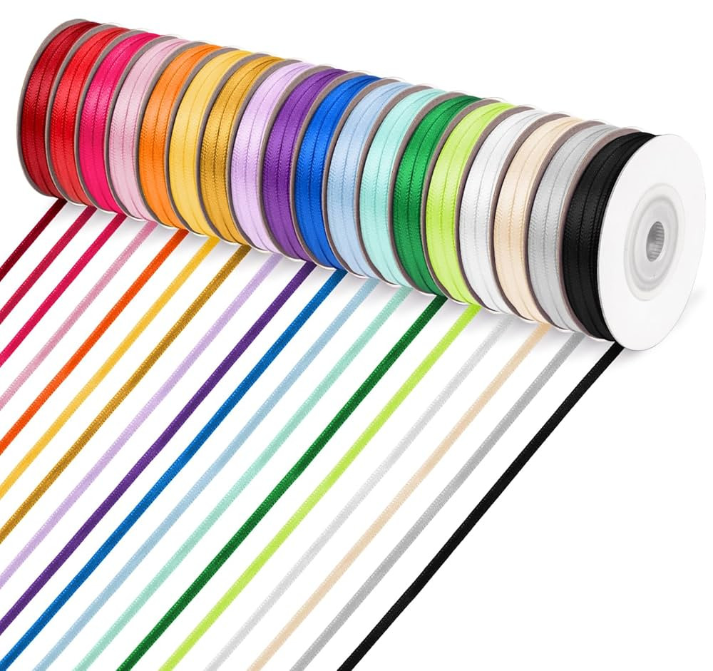 ABSOFINE 18 Colors Double Faced Satin Ribbon Polyester,1/8 inch Solid Fabric Ribbon Roll for Gift... | Amazon (US)
