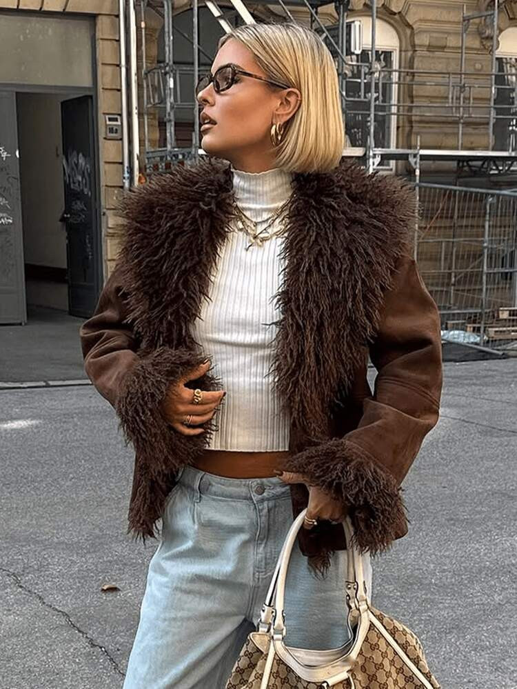 HZXVIC Women's Retro Faux Fur Jacket, Patchwork Suede Motorcycle Style Coat, Autumn/Winter 2025 New Arrival | SHEIN