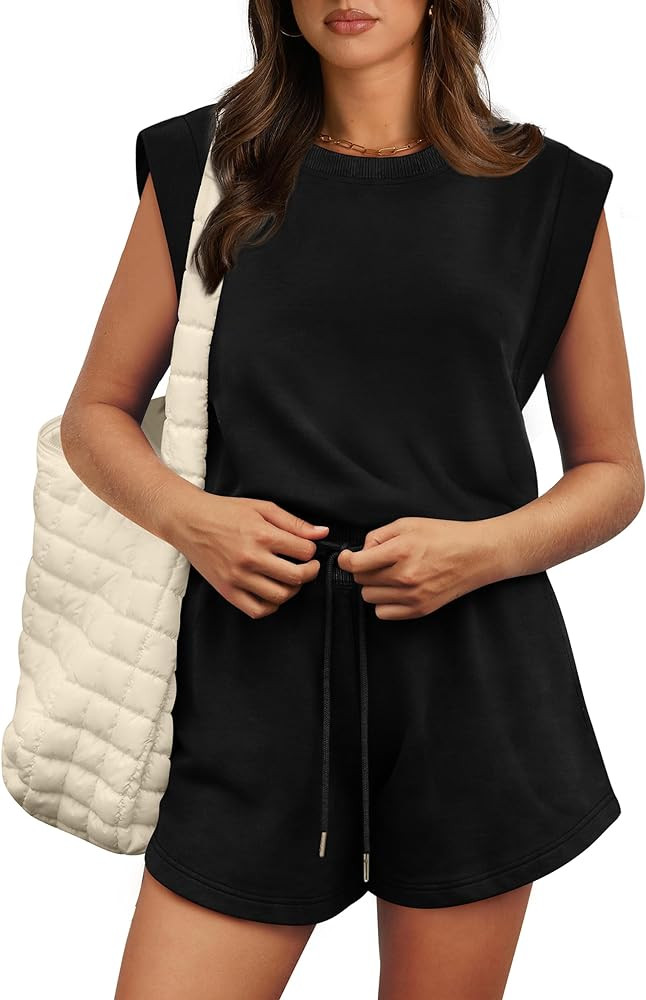 OFEEFAN Rompers for Women Summer Cap Sleeve Adjustable Drawstring Waistband Crewneck Casual Outfi... | Amazon (US)