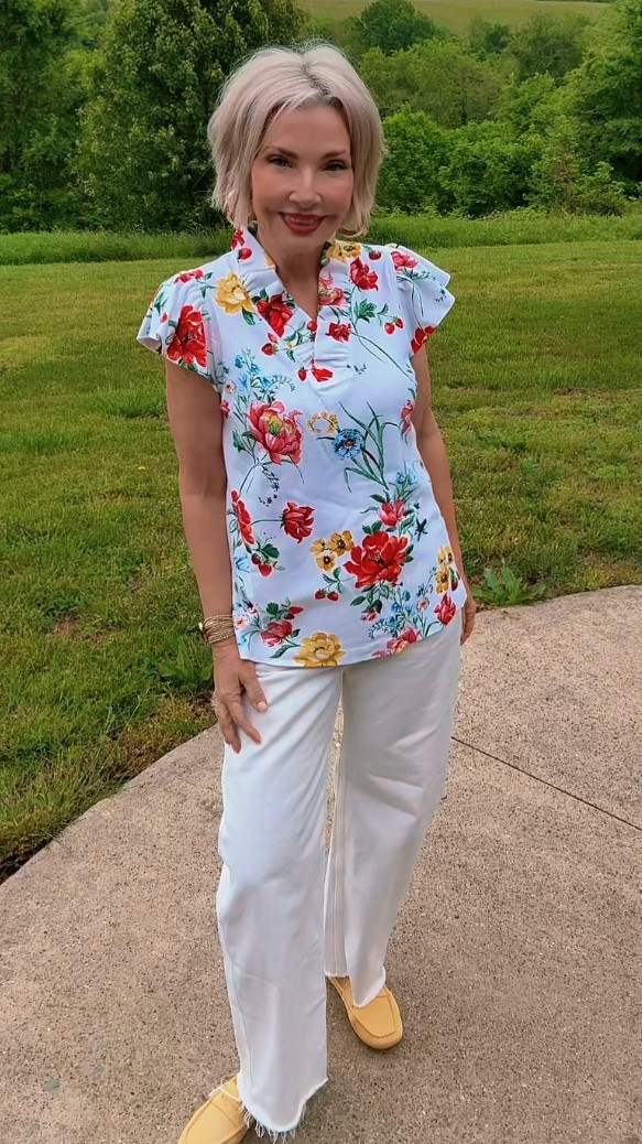 Loving this cheerful spring outfit! This Crown & Ivy top is giving all the garden party vibes — the ruffle cap sleeves and neckline make it feel polished but effortless. Paired with @ JCrew white raw-hem, barrel jeans for that relaxed, breezy feel. The yellow @rothys loafers are the perfect unexpected pop of color that ties in with the floral print beautifully. Finished off with gold bracelets to keep it simple and sunny. This whole look is giving fresh air, good weather, and Saturday errands in the best way. 🌼✨

#LTKMothersDay #LTKSaleAlert #LTKootd