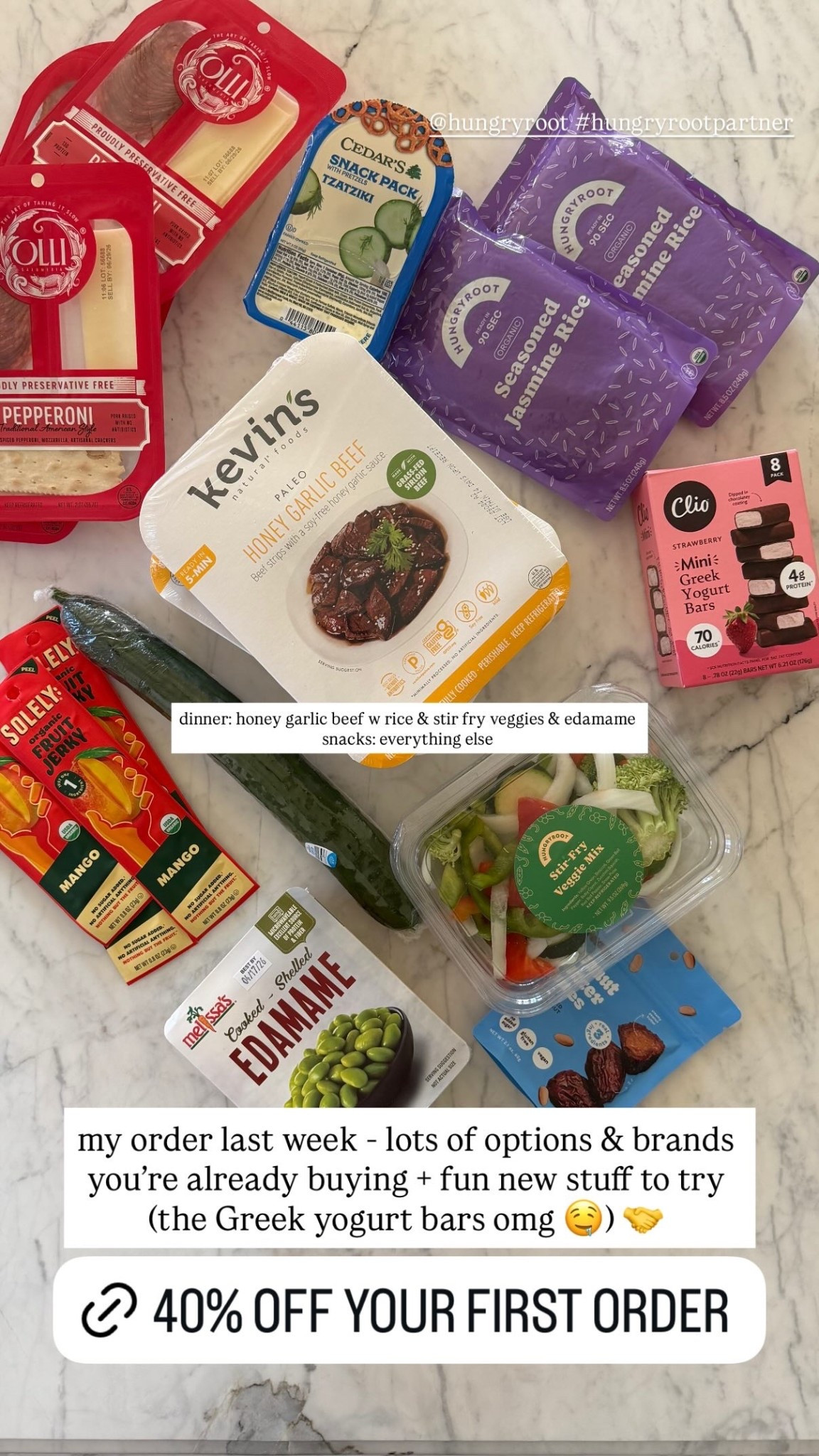 my order last week - lots of options & brands you’re already buying + fun new stuff to try (the Greek yogurt bars omg 🤤) 🤝 @hungryroot #hungryrootpartner  dinner: honey garlic beef w rice & stir fry veggies & edamame 
snacks: everything else

#LTKfoodie #LTKmomlife #LTKstorytime