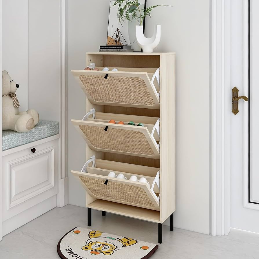 Natural Rattan Shoe Cabinet with 3 Flip Drawers, Organizer Freestanding Wooden Shoe Rack, Hidden ... | Amazon (US)