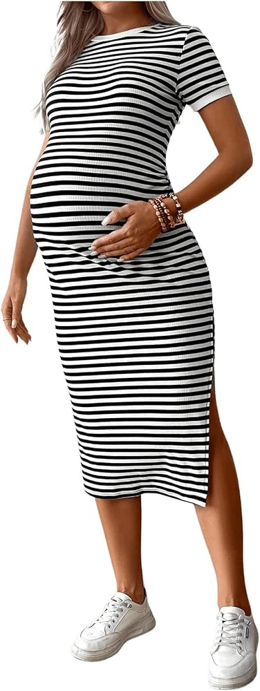 RoseSeek Women's Casual Striped Maternity Dress Short Sleeve Sleeve Split Thigh Bodycon Dresses P... | Amazon (US)