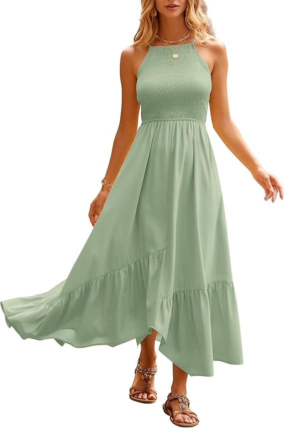 BTFBM Women's Sleeveless Halter Neck Casual Summer Dress Smocked Flowy Irregular Hem Wedding Beac... | Amazon (US)