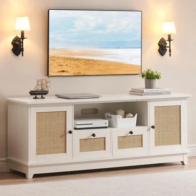 Rattan TV Stand, Modern Entertainment Center For 65/70 Inch TV, White Media Center With 2 Drawers And 2 Cabinets With Adjustable Shelf, TV Media Conso | Wayfair North America