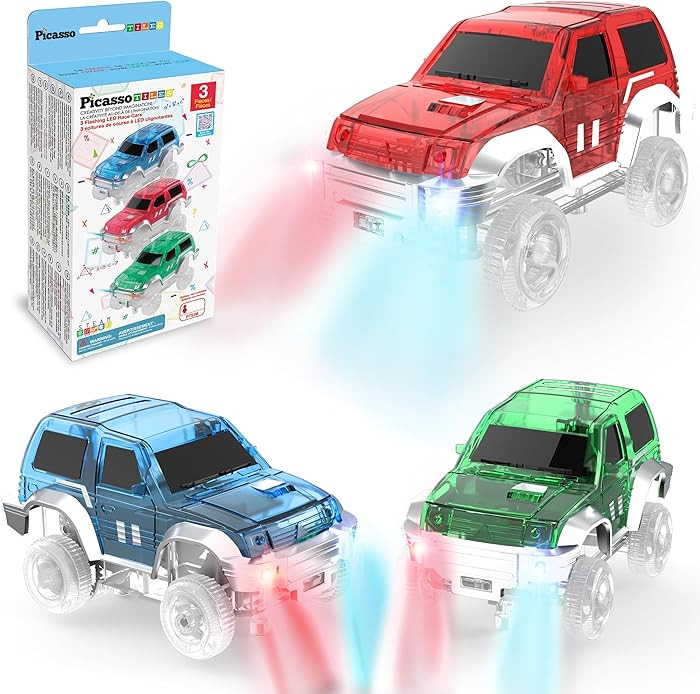 PicassoTiles 3 Magnetic Toy Cars Set Light Up LED Highly Detailed Compatible with Magnet Car Race... | Amazon (US)