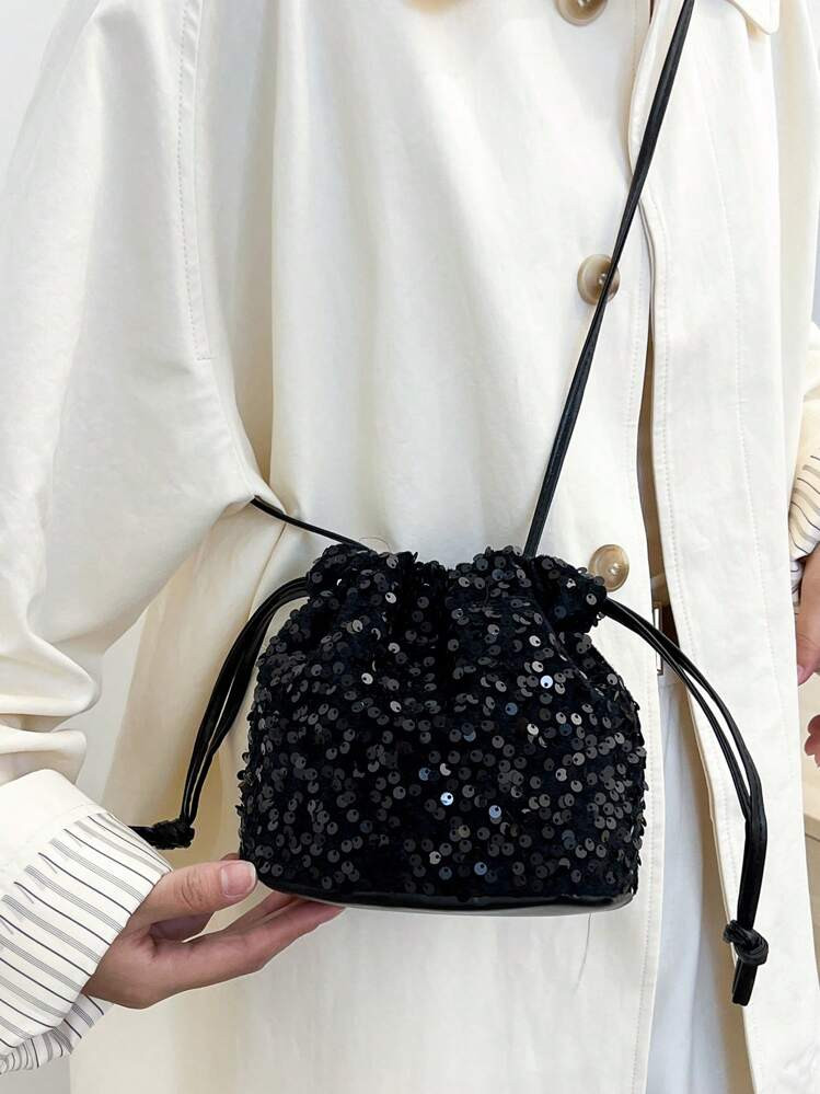 Umhängetasche Mit Ziehband Und Raffungsdesign, Handtasche Mit Weichem Tragegriff, Tasche Mit Bunten Pailletten, Stilvolle Pailletten-Tasche, Beuteltasche Mit Kordelzug, Modische Umhängetasche, Personalisierte Bunte Umhängetasche | SHEIN