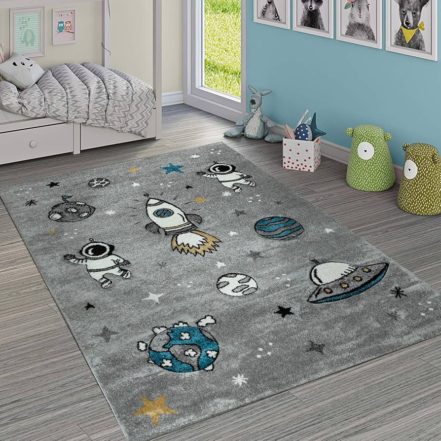 Paco Home Kids Rug Space with Astronauts, Plantes & Rockets in Grey, Size: 5'3" x 7'7" | Amazon (US)