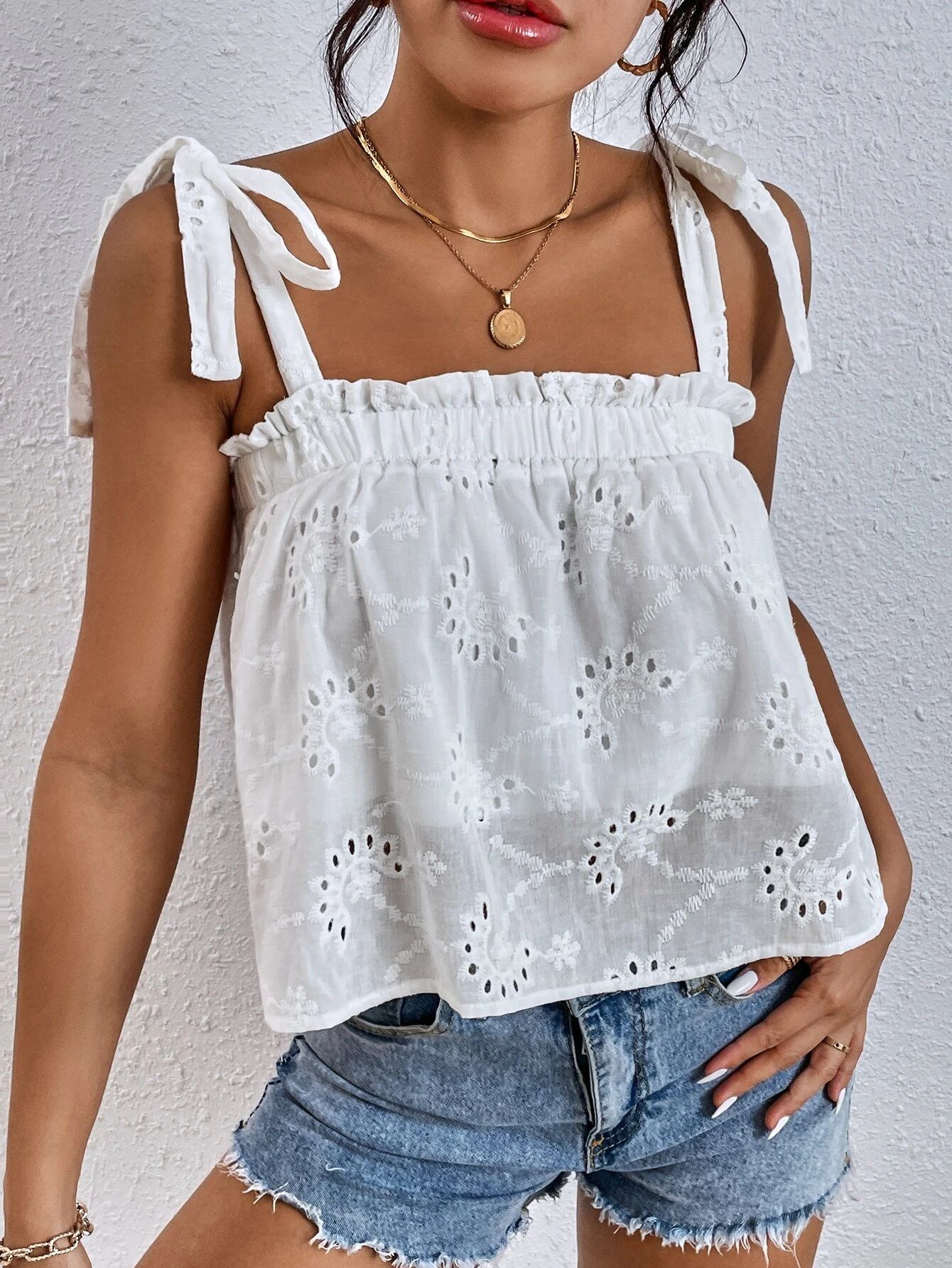 Eyelet Embroidery Frill Knot Shoulder Cami Top | SHEIN