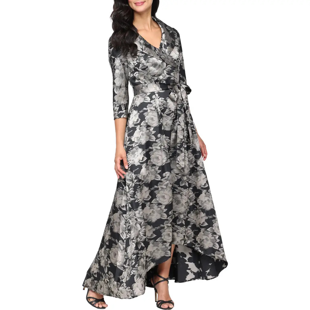 Alex Evenings Floral Jacquard High-Low Gown in Black/Taupe at Nordstrom Rack, Size 12 | Nordstrom Rack