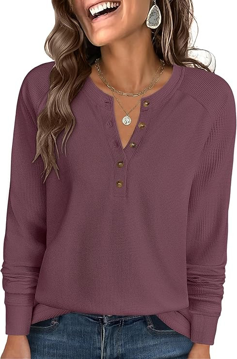 ANRABESS Women's Long Sleeve Waffle Knit Shirts Dressy Casual Loose Button Up V Neck Henley Tops ... | Amazon (US)