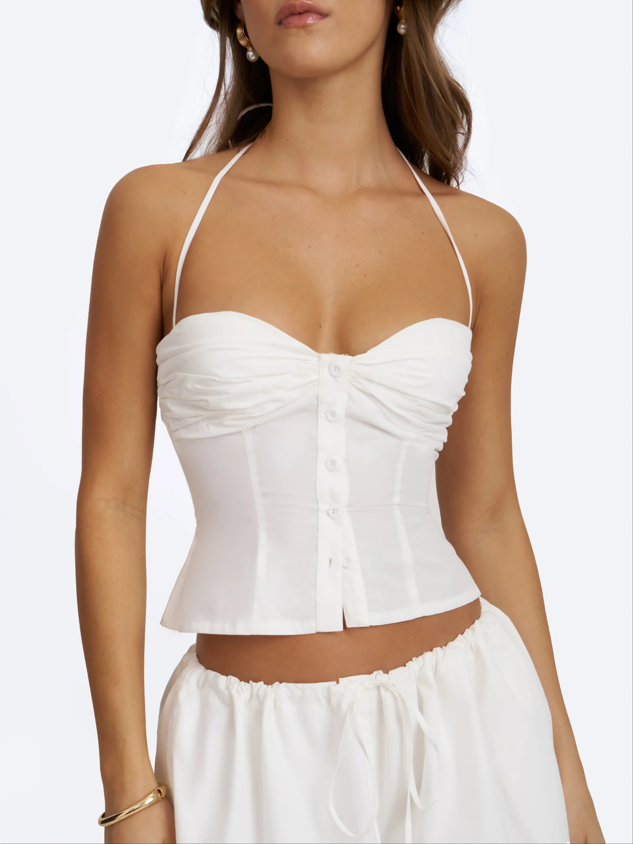 Waverly White Cotton Poplin Button-Front Sweetheart Halter Top | Miss Circle