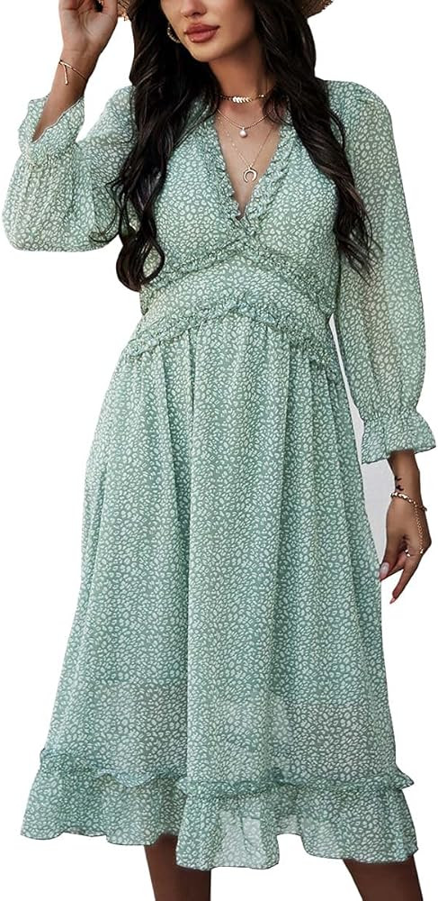 MOPOOGOSS Womens Fall Spring Summer Sexy V Neck Ruffle Long Sleeve Short Sleeve Floral Print A Li... | Amazon (US)