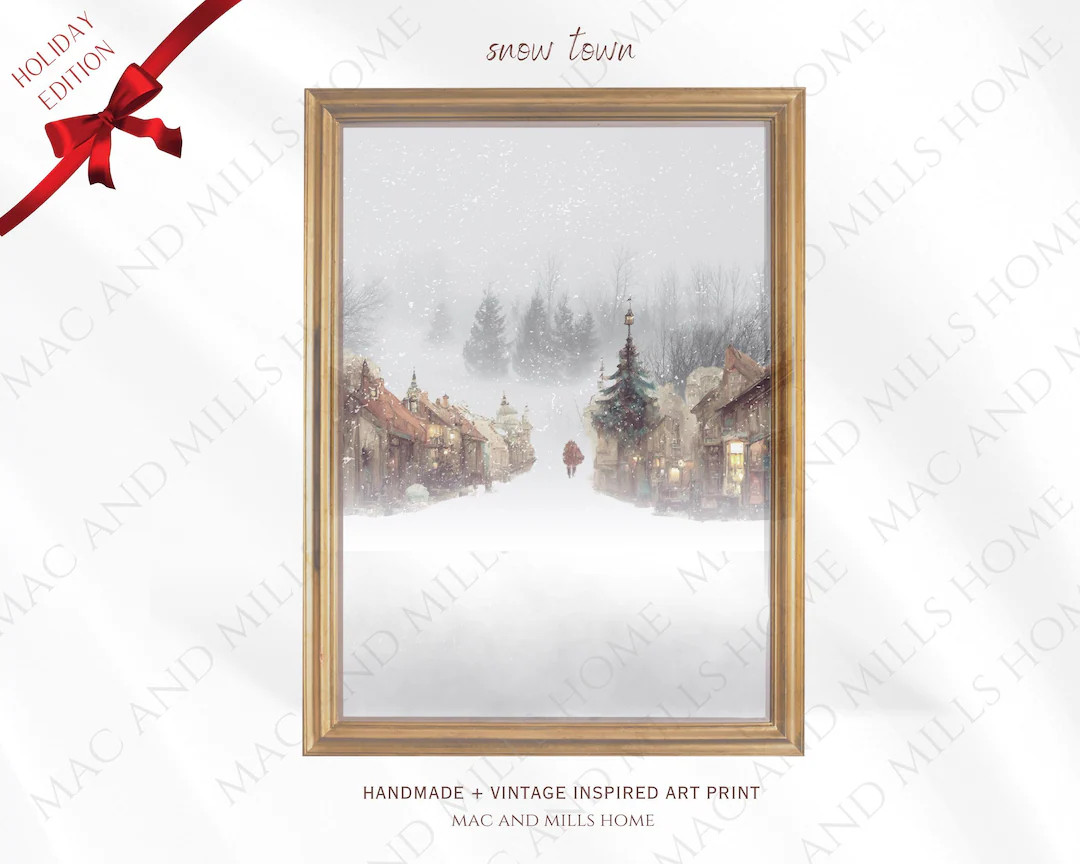 Enchanting Winter Village Christmas Art Print | Snowy Town Scene With Evergreen Trees | Cozy Holi... | Etsy (US)