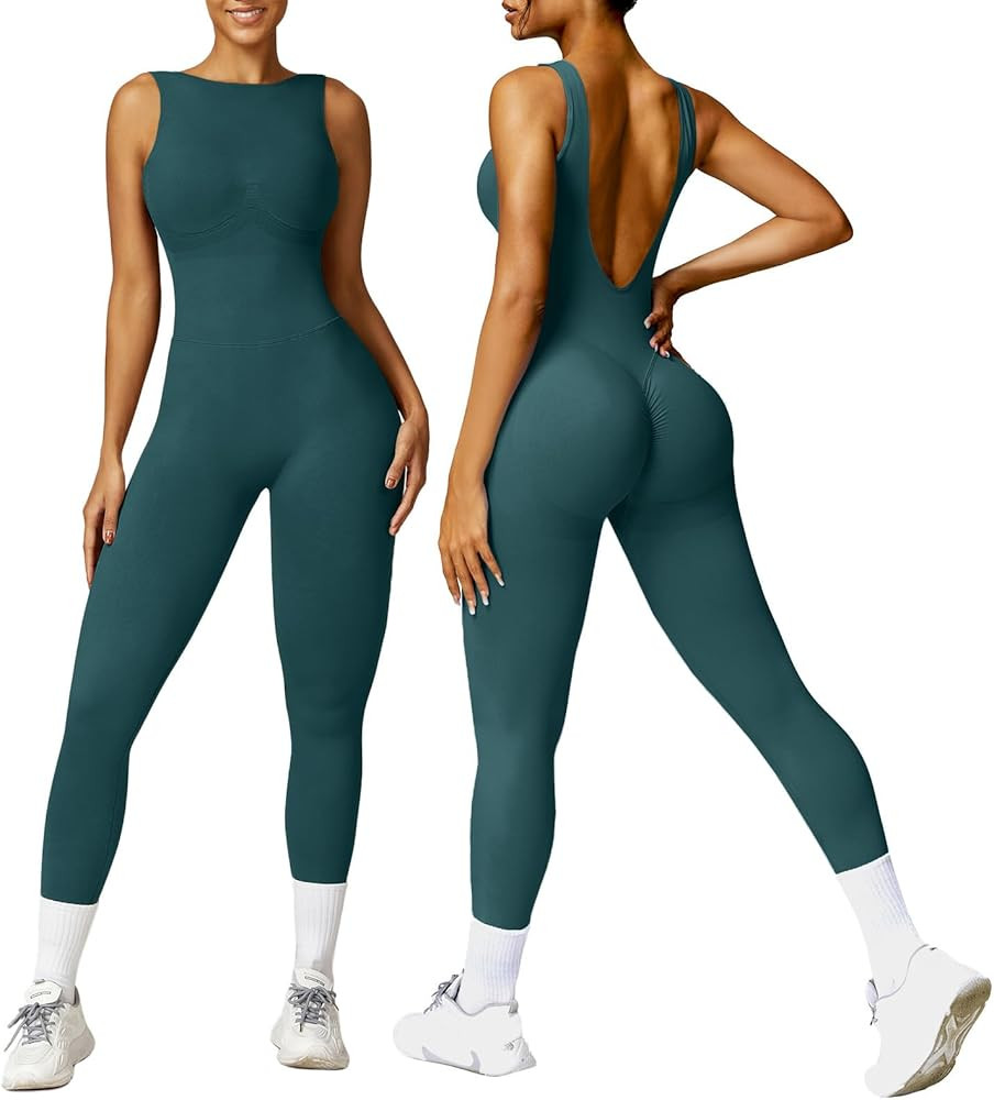 OEAK Womens Scrunch Butt Jumpsuits 2024 Crew Neck Seamless Romper V Back Gym Booty Leggings Bodyc... | Amazon (US)